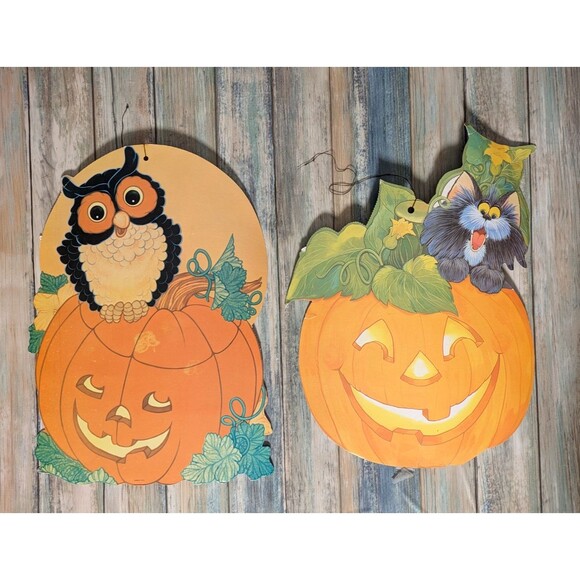 Vintage Eureka Halloween Pumpkin Owl & Cat Die Cut Decorations Set of 2 - Picture 2 of 7